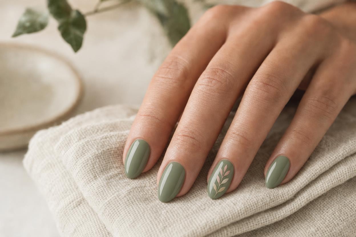 After — botanical gel art by Minji, sage and blush hand-painted leaf detail on almond-shaped nails