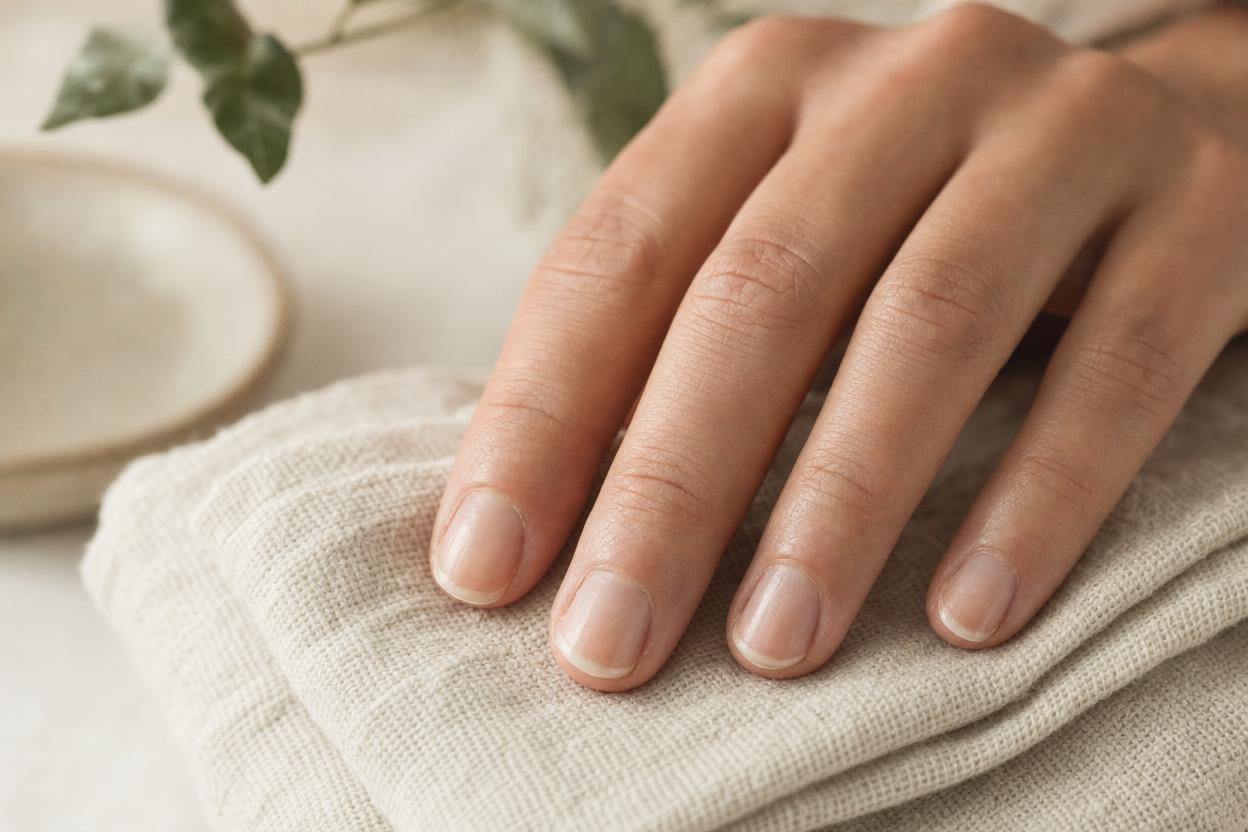 Before — bare natural nails, unpolished and slightly uneven, resting on a warm linen surface