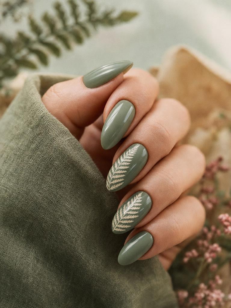 Sage-green gel set with hand-painted fern fronds across two accent nails