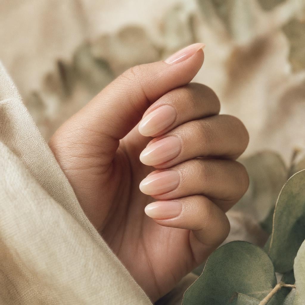 Soft blush-to-nude ombré fade on medium almond nails, high gloss finish