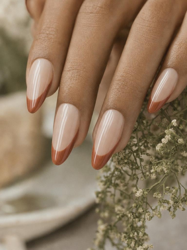 Angled micro-French tip in warm terracotta on sculpted acrylic extensions
