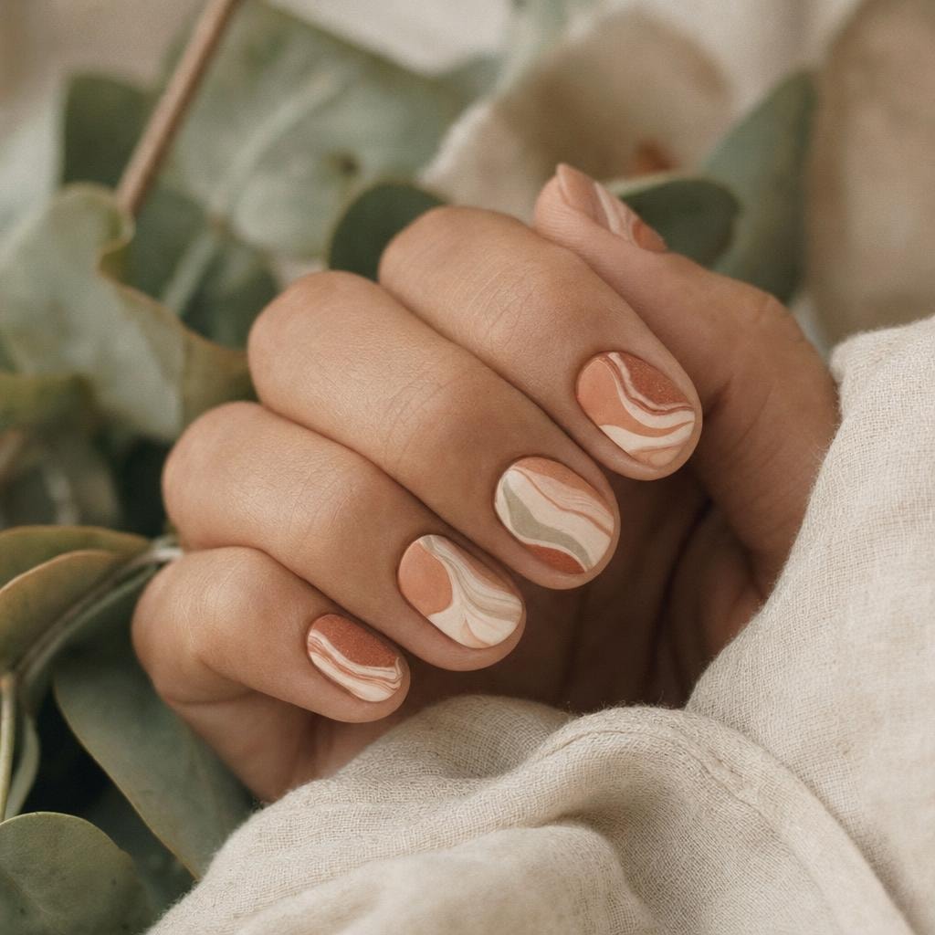 Marbled terracotta and cream swirls, each nail a different pattern