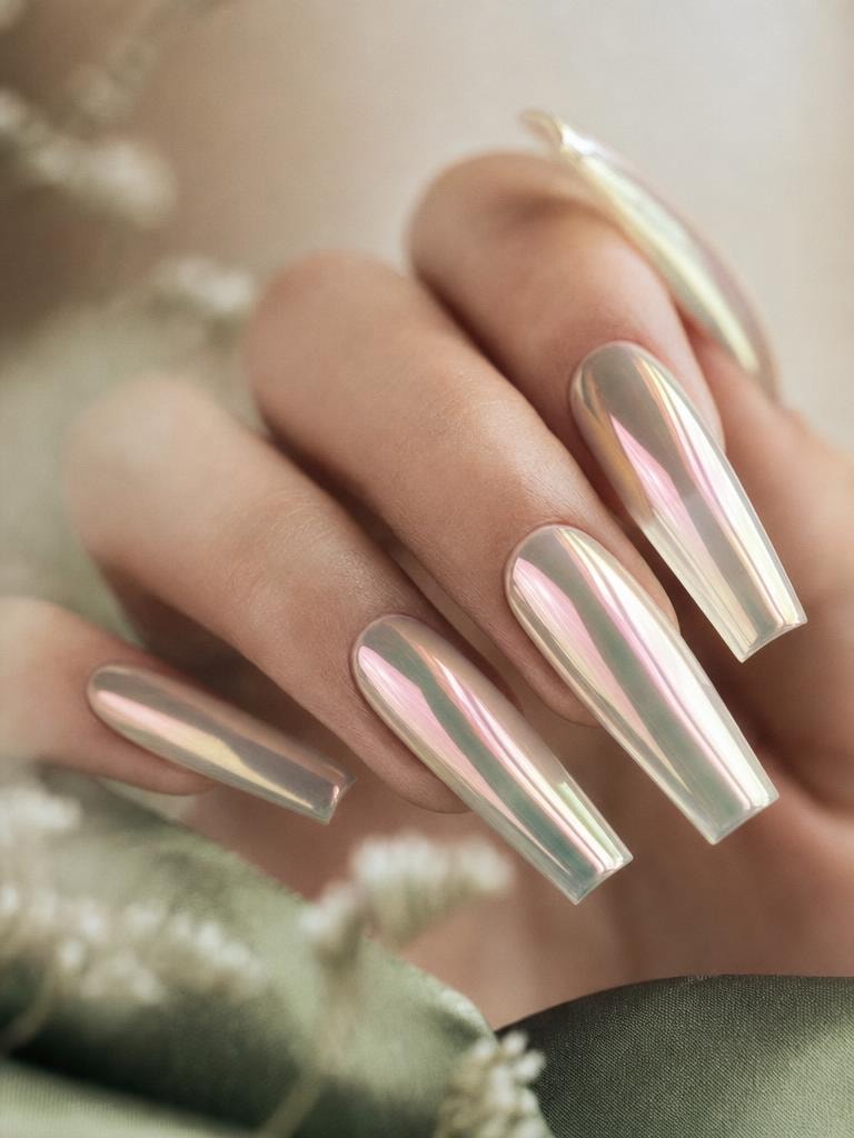 Long sculpted extensions with an iridescent glass-chrome overlay