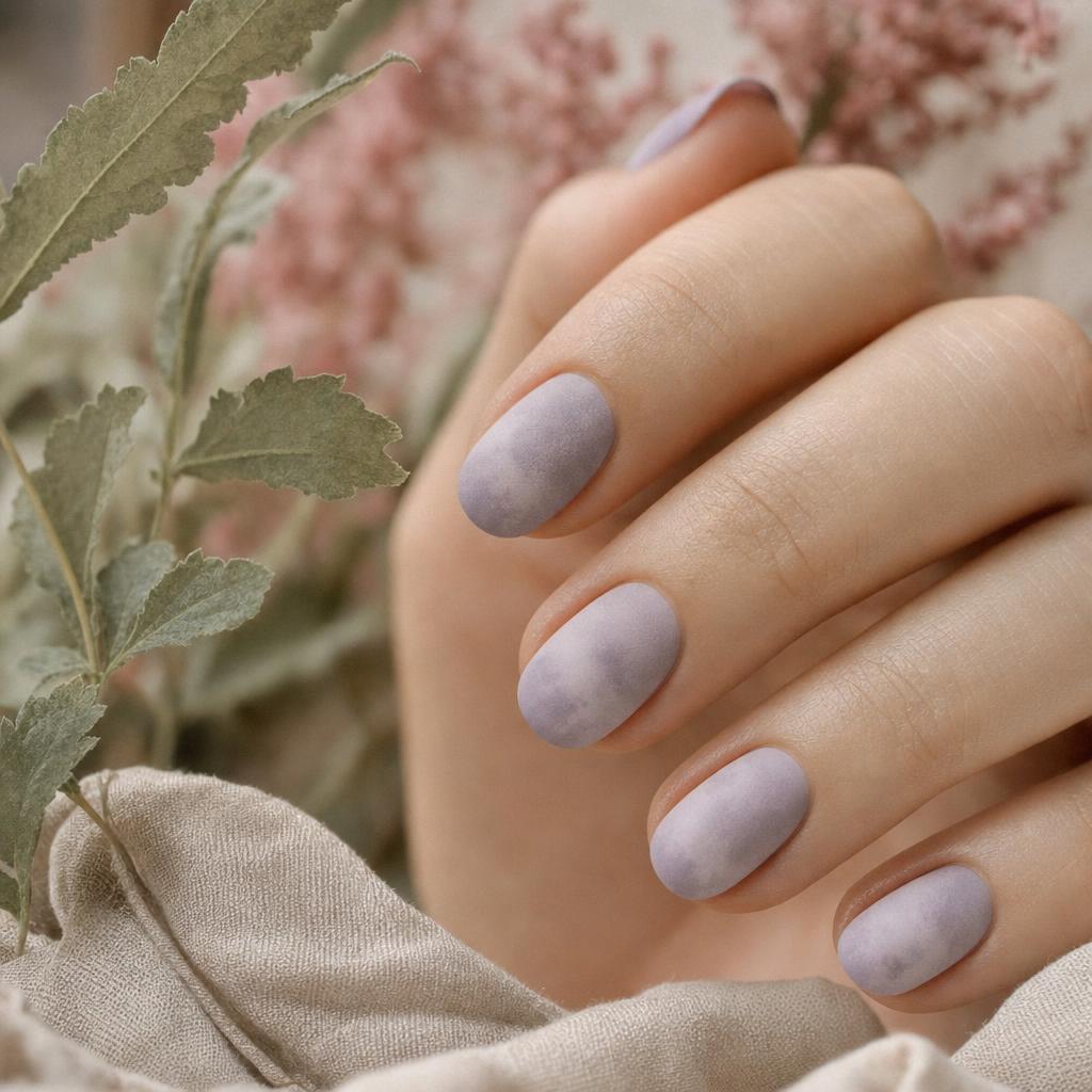 Matte lavender dip powder with a soft diffused cloud gradient