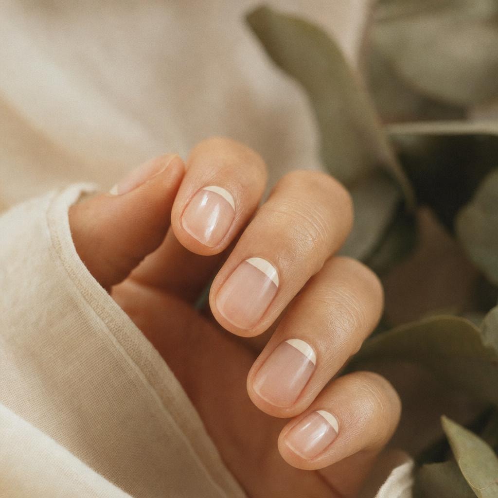 Negative-space half-moon at the cuticle on a bare buffed nail