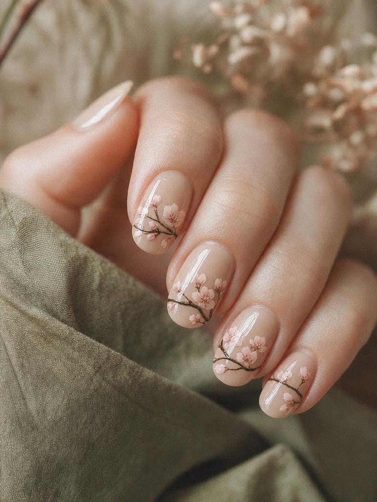 Hand-painted cherry blossom branch travelling across all five nails