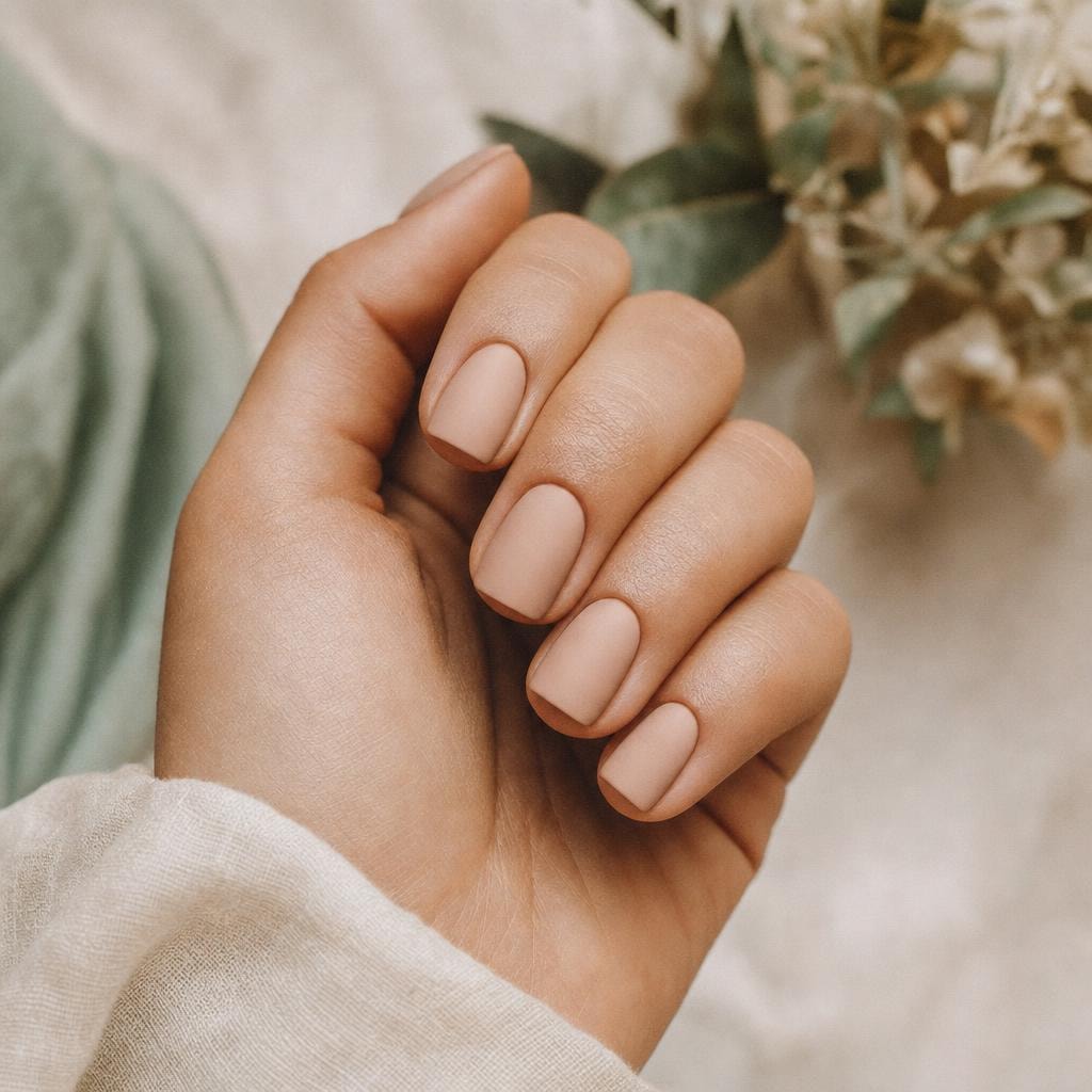 Short sculpted acrylic in a warm nude, squoval shape, matte top coat