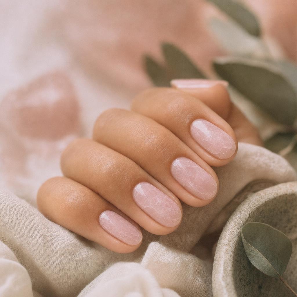 Rose quartz dip powder with faint pearlescent veining, rounded tips