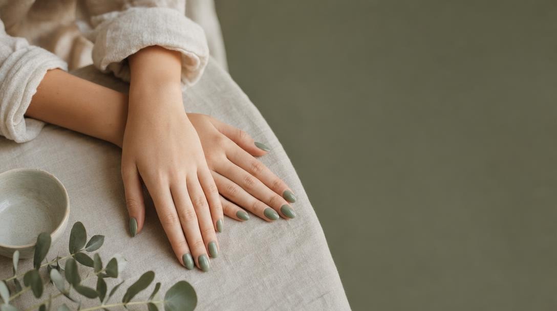 Hero — overhead shot of hands resting on a linen-draped table, sage-painted almond nails, eucalyptus and a ceramic bowl just out of focus