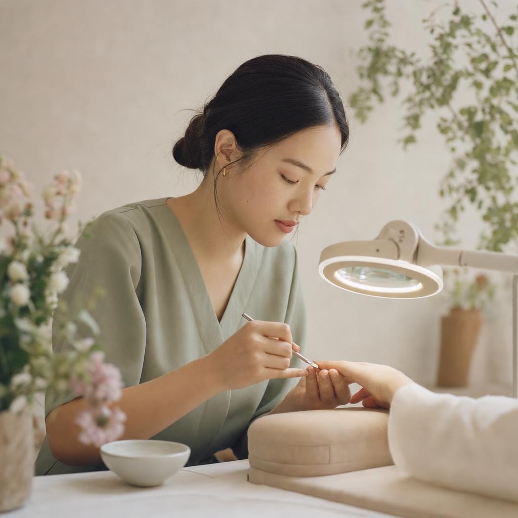 Portrait of Ayla examining a client's nail under a magnifying lamp, calm and focused