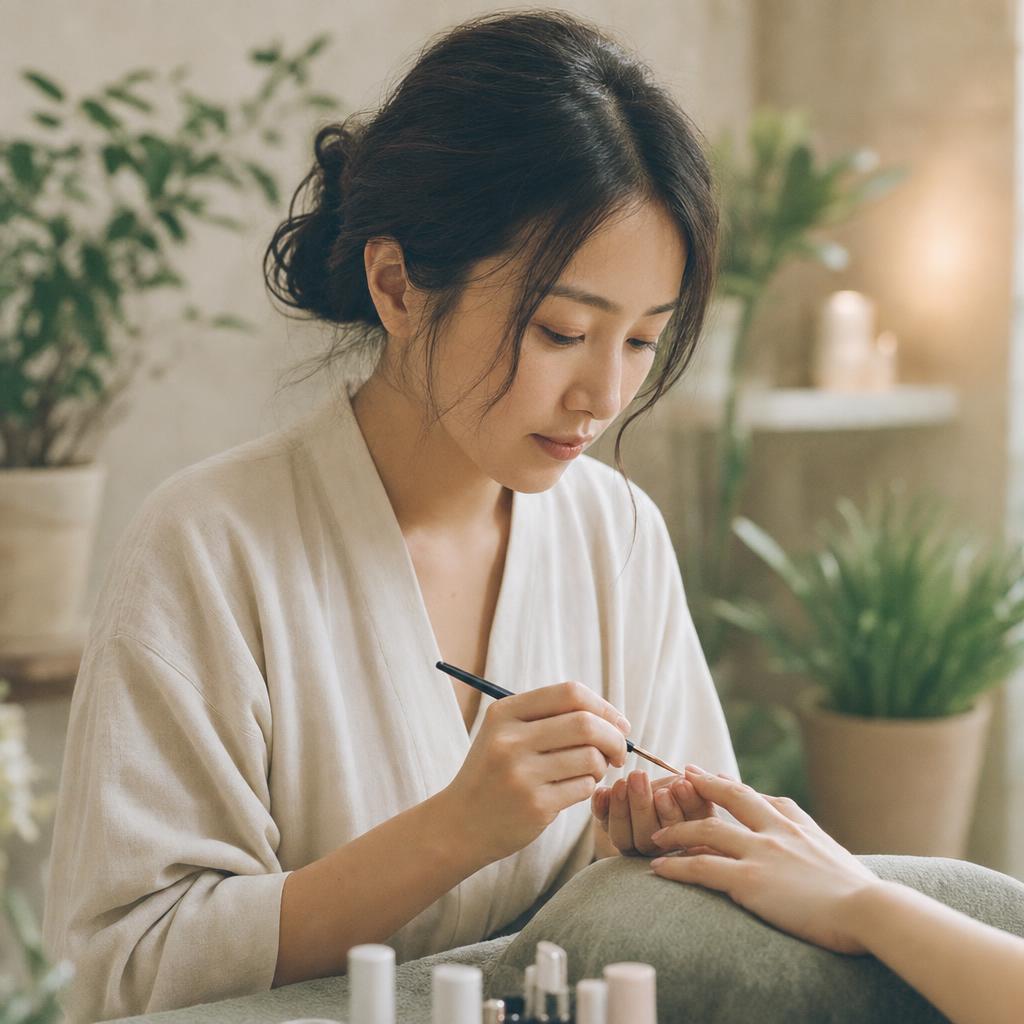 Portrait of Minji at her station, fine brush in hand, plants softly out of focus behind her