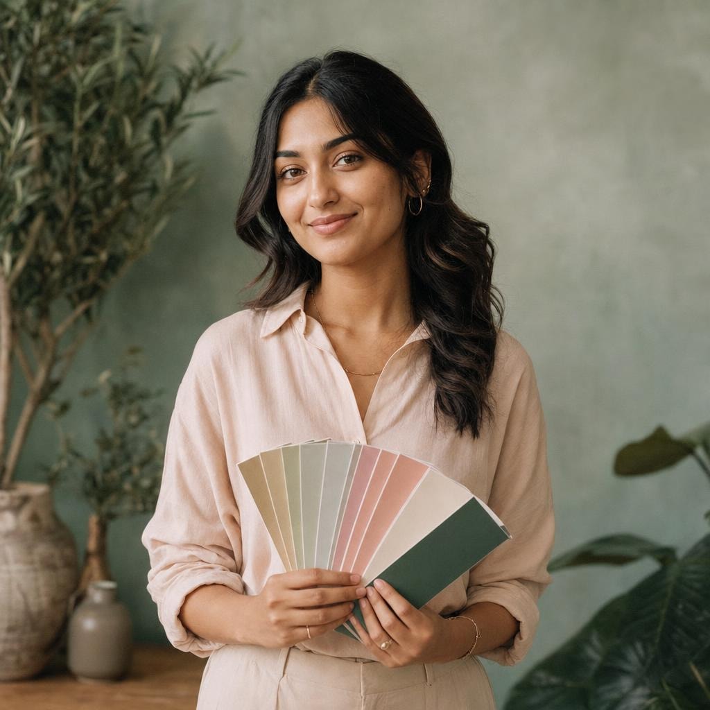 Portrait of Priya against the studio's colour wall, holding a fan of gel swatches