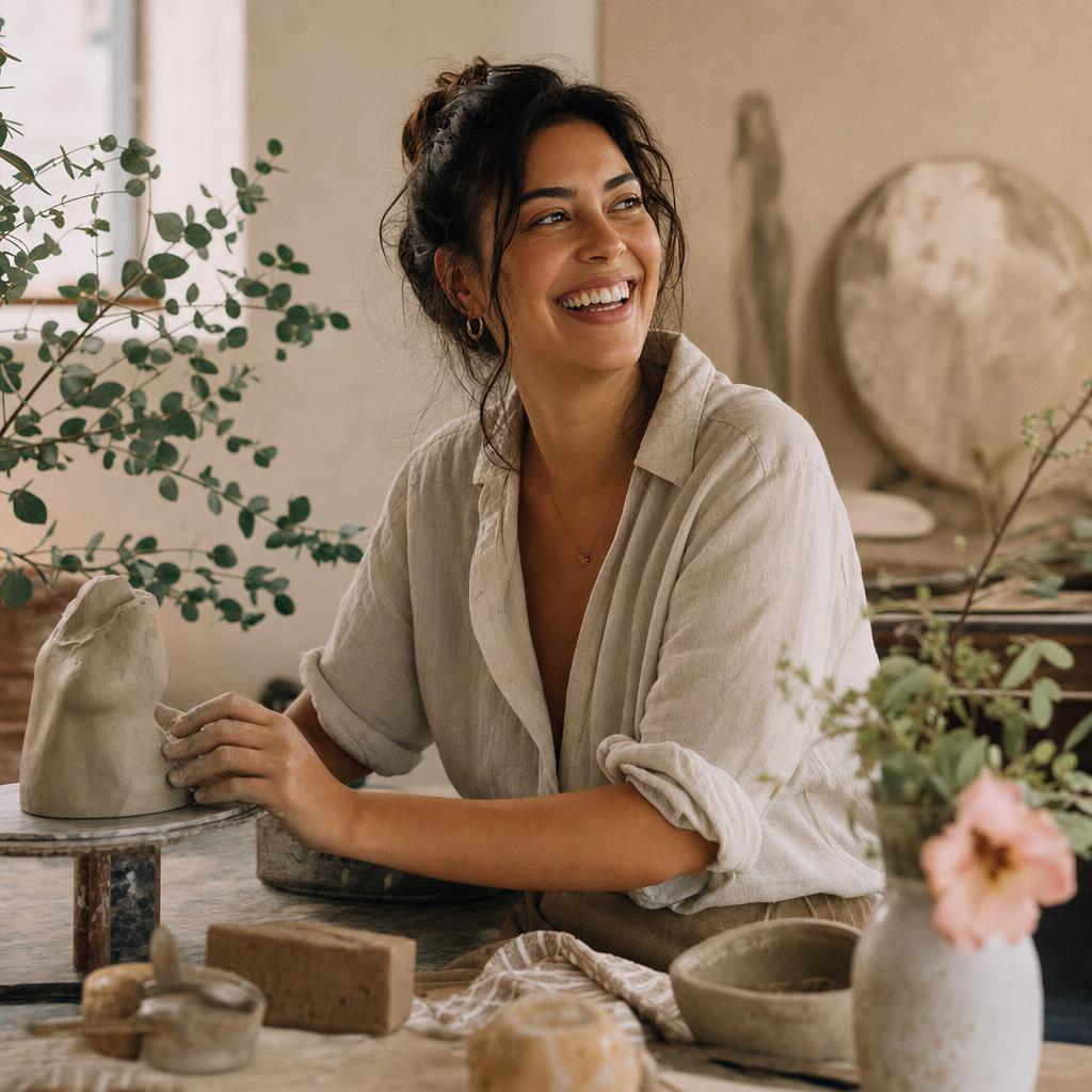Portrait of Sofia mid-laugh at the sculpting table, warm window light from the left